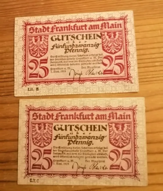 2x  Gutscheine 25 Pfennig. 1 Nov. 1919. Stadt Frankfurt am Main