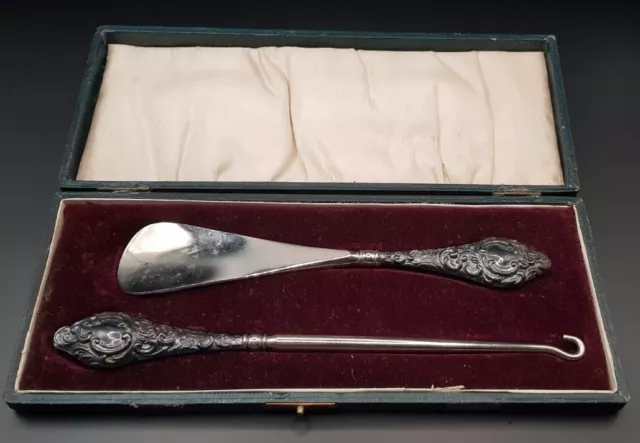 1912 Chester Antique English Silver Handled Button Hook & Shoe Horn Boxed Set