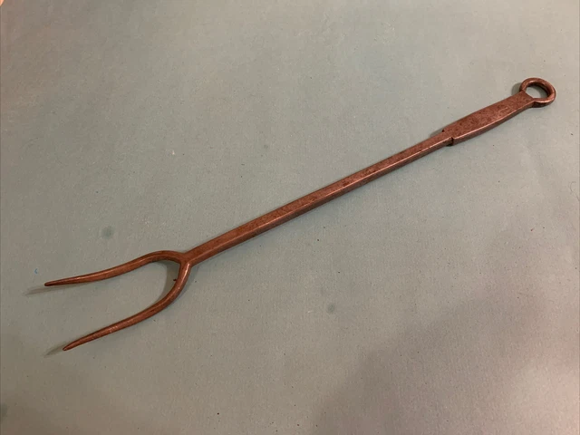 18th Century Exceptional Hand Forged Iron Hearth Fork W White smith Finish 2Tine 2