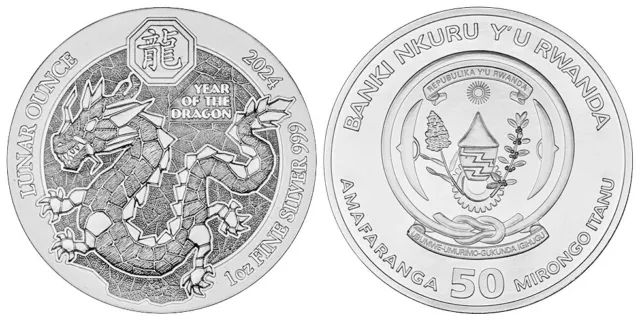 Ruanda 50 Ruanda-Francs 2024 - Jahr Des Drachen - 1 Unze Silber In Originalfolie