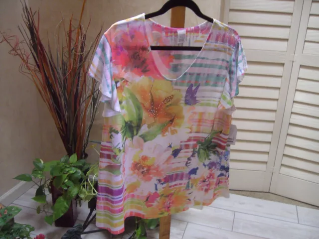 NWT Time & Tru XL Colorful Floral Polyester Top Short Sleeve Rhinestone Accents