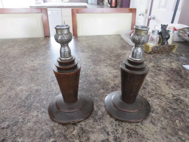 Pair Vintage Hand Turned 18cm Wooden Candlestick Candle Holders With Metal Tops