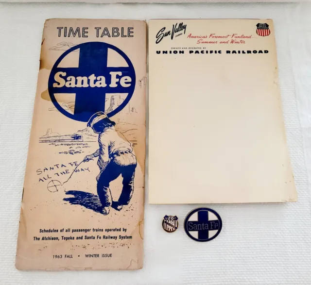 Lot of 4 Santa Fe Oldtimers Union Pacific Train Railroad Pins Time Table Notepad