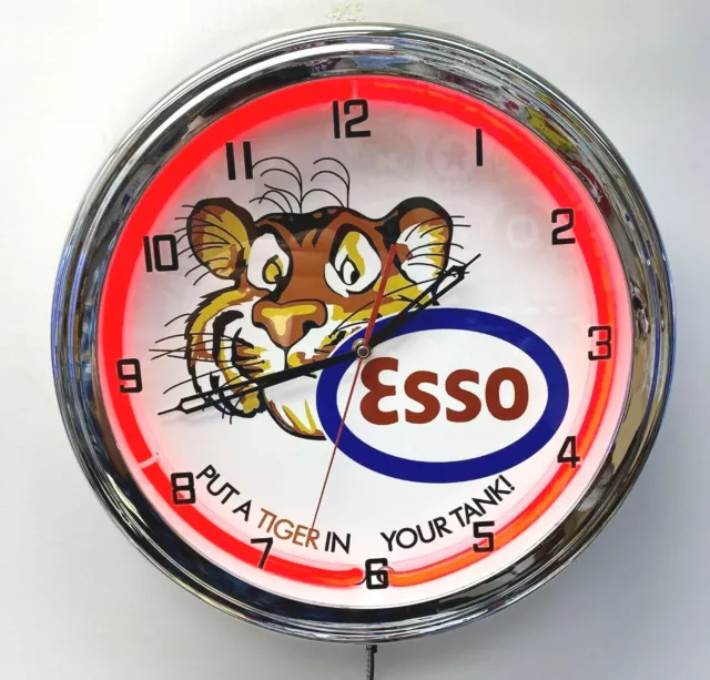 16" ESSO Gasoline Motor Oil Gas Station Tiger in Your Tank Sign Red Neon Clock