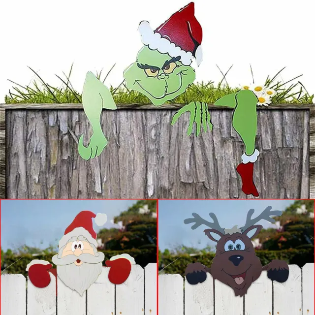 13" Christmas Fence Peeker Yard Garden Decoration Santa Claus Reindeer Grinch