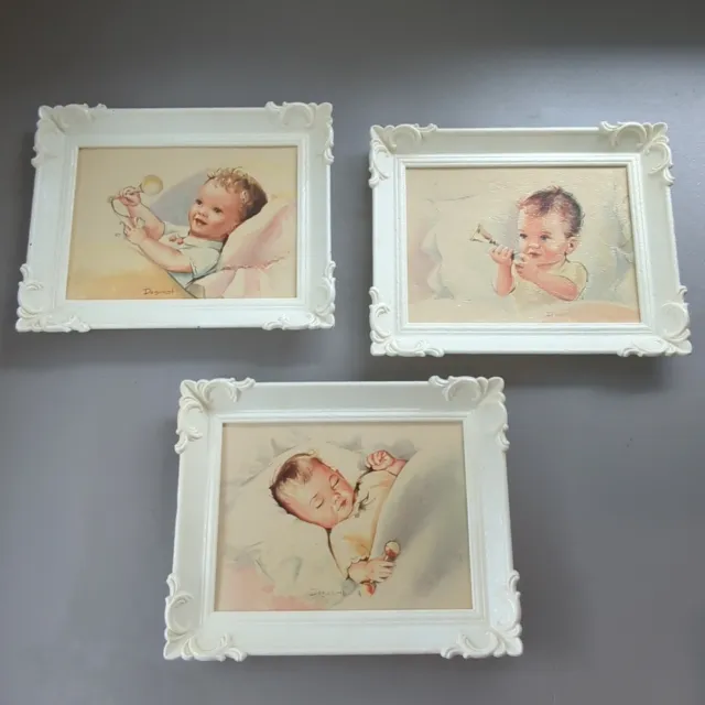3 Vintage Baby Prints Framed MCM Art DEBORAH Sleeping Baby Nursery Pink and Blue