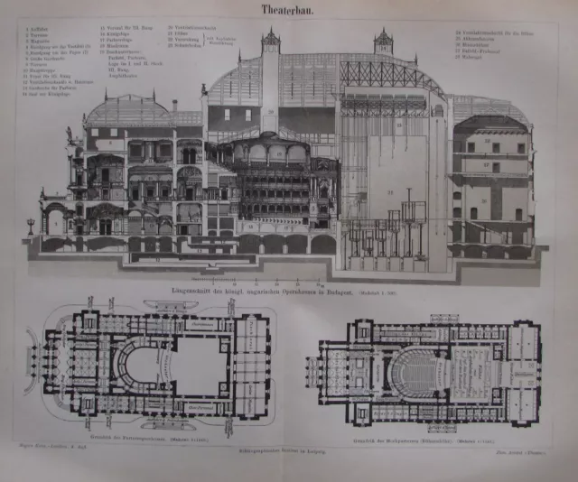 1889 THEATERBAU OPERNHAUS BUDAPEST Original alter Druck antique print Litho