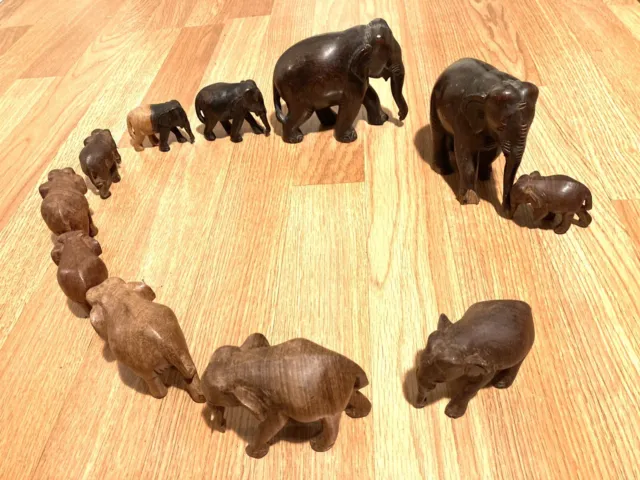 Antique Burmese Teak Wooden Beautifully Carved Elephants Family Of 11 Total.