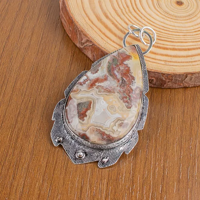 Natural Crazy Lace Agate Gemstone Pendant 925 Sterling Silver Indian Jewelry