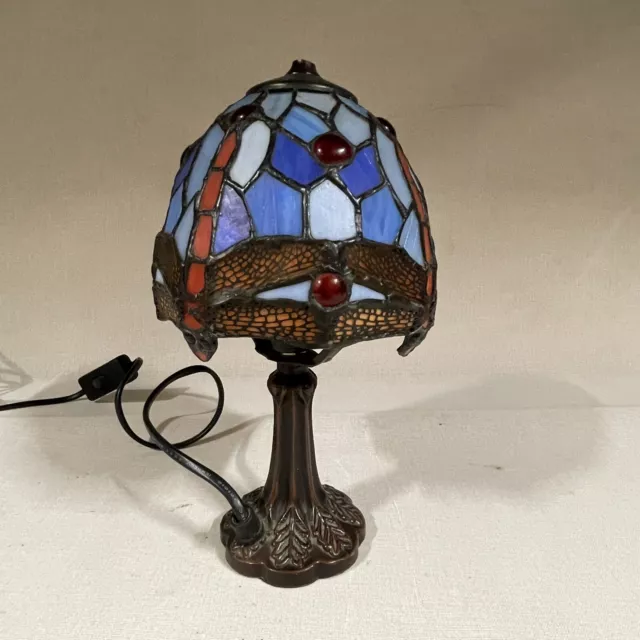 Tiffany Style Small Side Table Lamp Floral Dragonfly Stained Glass 9.5" Tall