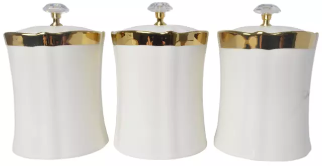 Set of Three White/Gold Porcelain Canisters Tea, Coffee & Sugar , 11CM X 16CM