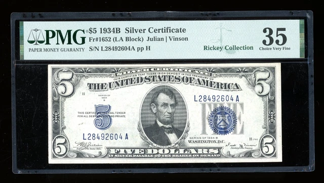 DBR 1934-B $5 Silver Fr. 1652 Vinson LA Block PMG 35 Serial L28492604A