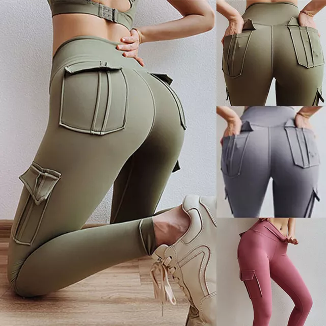 Donna Cargo Yoga Leggings Sport Pantaloni Contenitivo Workout Vita Alta  ^