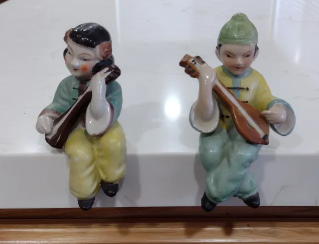 Vintage Asian Girl & Boy Ceramic Shelf Sitter Playing Instruments MK Japan