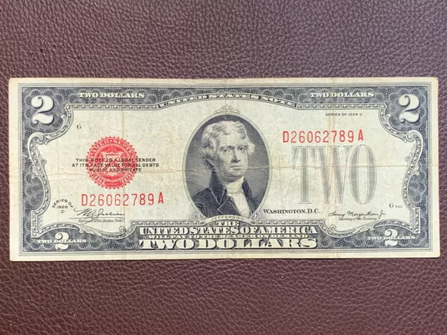 1928-D Two Dollars Bill Red Seal Note D 26062789 A good condition