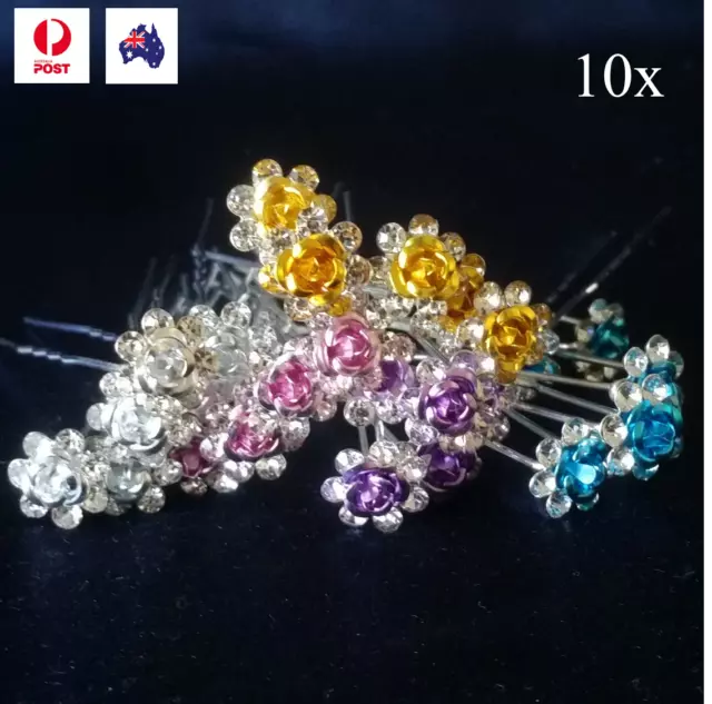 Hair Pins Rose Flower Crystal 10 piece Bridal Pin Accessories Wedding Prom Party 2