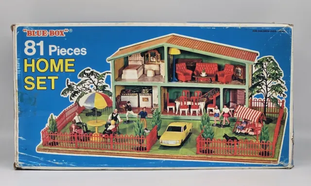 Vtg Blue Box Doll House with Furniture 81 Pieces 77701