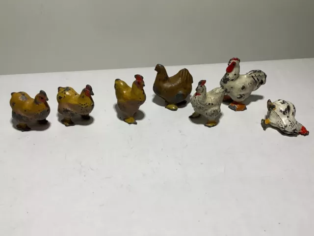 Vintage Britains, Johilco etc Painted Lead Chickens/ Hens / Chicks x 7
