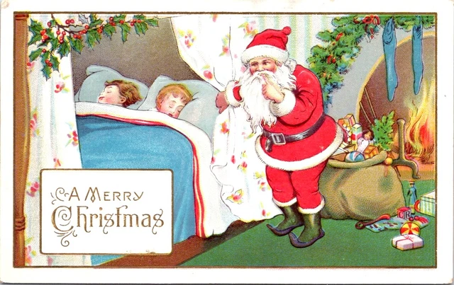 Full Length SANTA With Sleeping Children, CHRISTMAS Postcard - Series 55 C