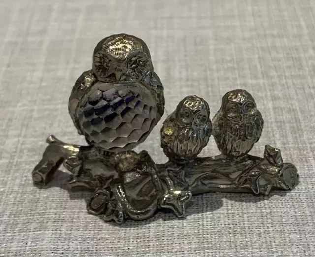 Pewter Vintage Owls Sitting On Branch Figurine Vintage 1970s -80s Great Britain