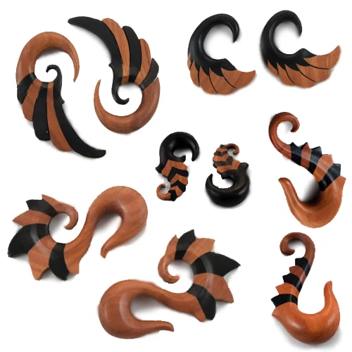 Pair Two-Tone Wood/Black Hand Carved Natural Gauge Earring Hangers Winged Plugs