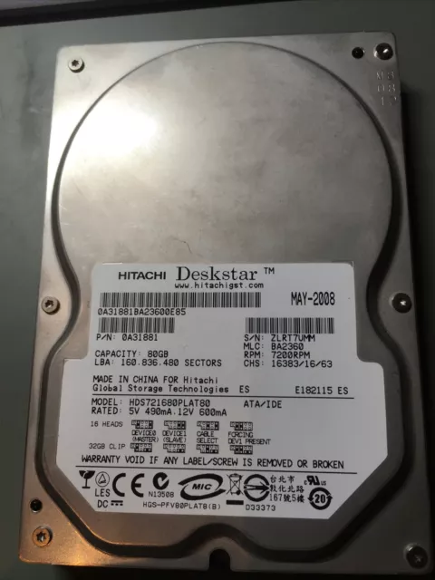 80 GB IDE Hitachi Deskstar HDS721680PLAT80 P-ATA/IDE 7200rpm 8MB 3,5" Festplatte