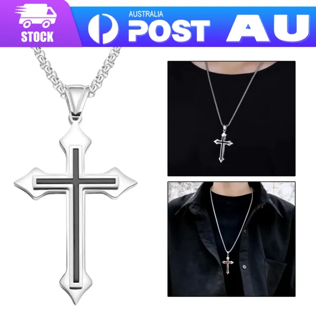 New 316L Stainless Steel Silver&Black Cross Bible Pendant Chain Necklace Men G