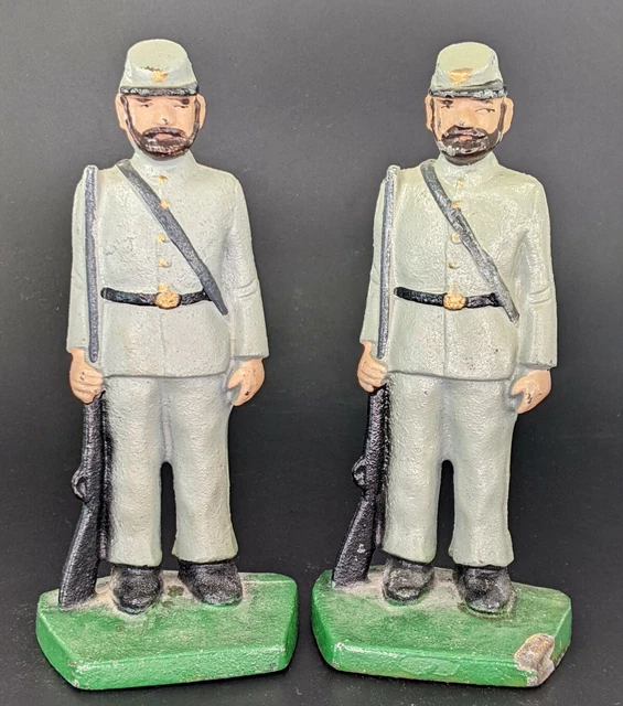 Pair Vintage Cast Iron Painted Civil War Confederate Soldier Door Stops Bookends