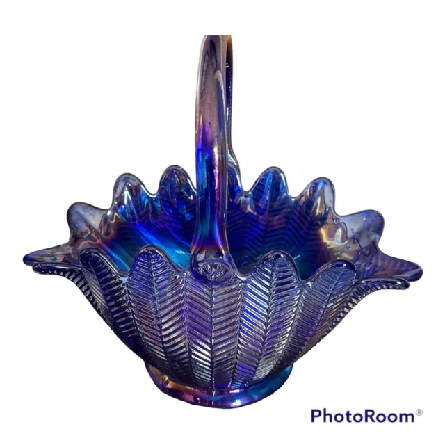 Fenton L.E. Smith Cobalt Blue Iridescent Carnival Glass Basket Bowl Feather PTRN