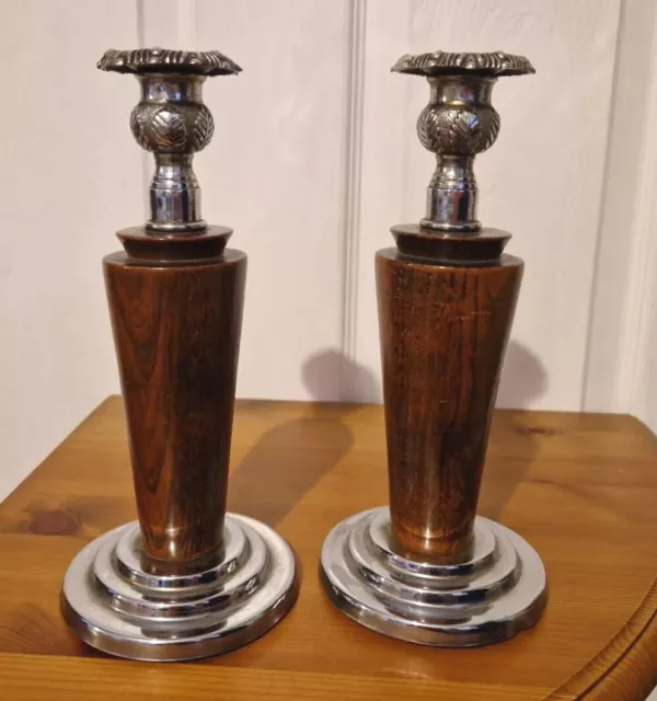Pair of Vintage Wooden Candlesticks Candle Holders Thistle Metal Top Base 23cm