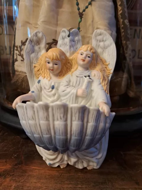Lovely Antique Vintage Handpainted  Porcelain Bisque Angels Wall Holy Water Font