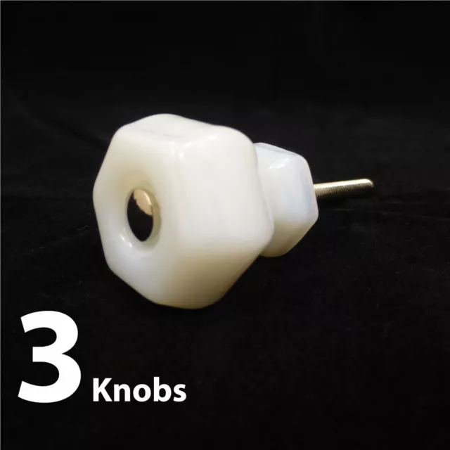 3 WHITE MILK GLASS Medium Knob Kitchen Cabinet Drawer Antique Vintage Depression