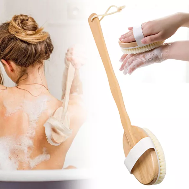 Shower Body Brush Extra Long Handle Natural Wooden Bath Back Massage Scrubber