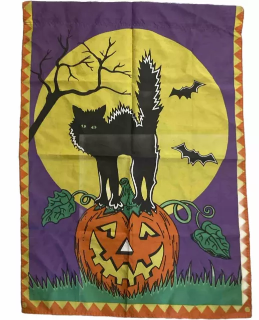 "DE COLECCIÓN AÑOS 90 Bandera de Halloween Bandera al aire libre - Linterna Gato Negro 29 x 42"""