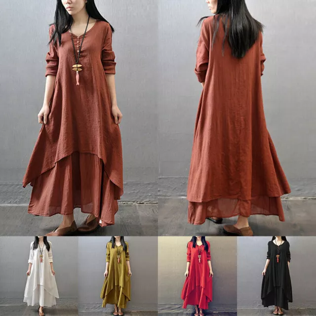 Women's Casual Kaftan Tunic Gypsy Maxi-Dress Boho Cotton Linen Long Sleeve Dress