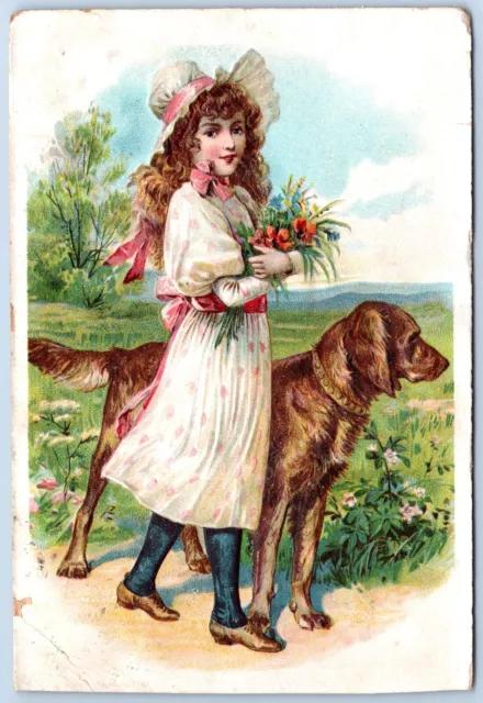 Victorian Bonnet Girl & Dog Irish Setter holding flowers vtg postcard Elizabeth