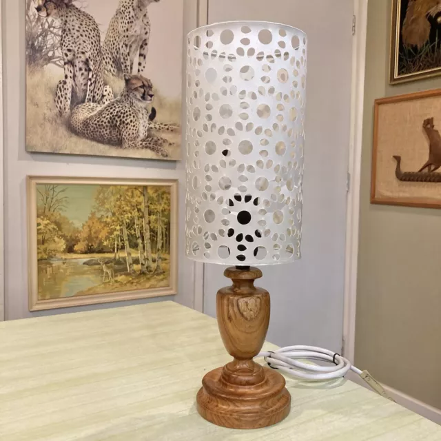 Vintage Wooden Turned Lamp Base With Modern Cutout Shade Table/Bedside Lighting