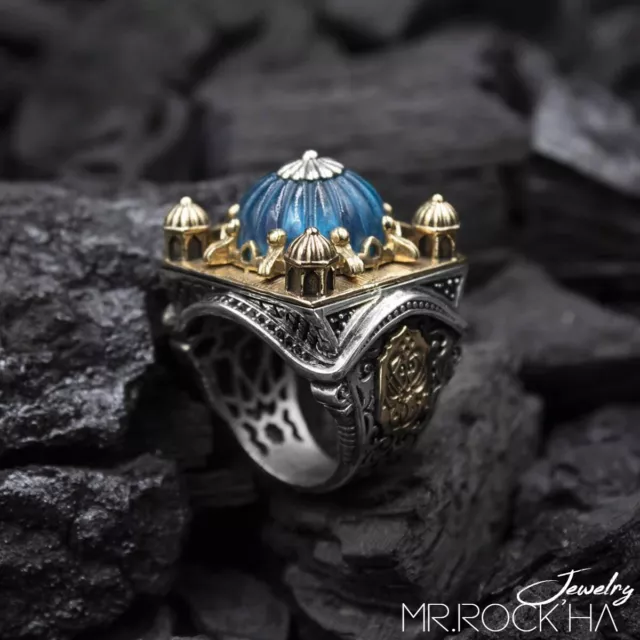 925 STERLING SILVER Men's Ring with Amber Stone Mosque Miniature/Blue Dome Model