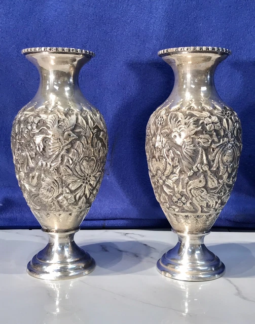 Pair Of Antique Hand Engraved Vases ,84 SOLID Silver 933.0 grams