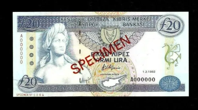 Cyprus £ 20 POUNDS P-56 1992 Pre Euro *SPECIMEN A 000000 UNC World Currency NOTE