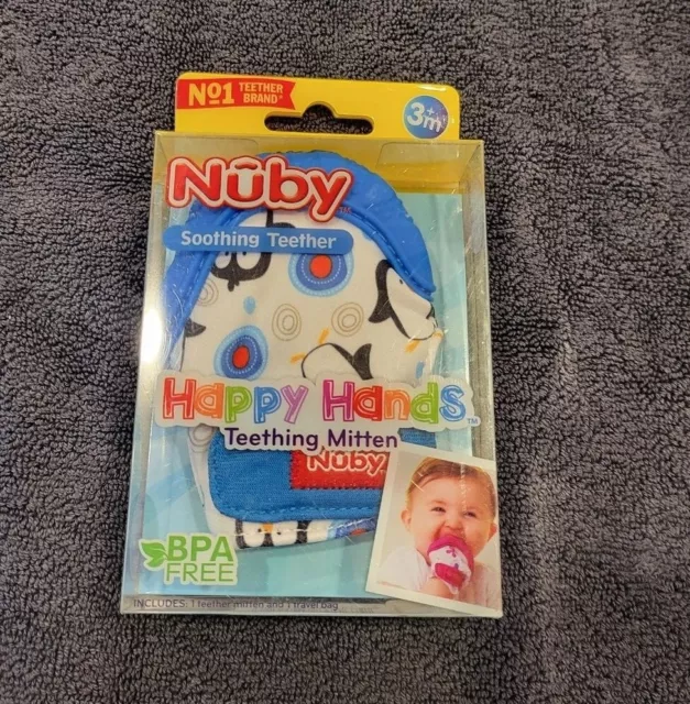 Nuby Soothing Teething Mitten with Hygienic Travel Bag, Blue Penguins, 1 Count 2