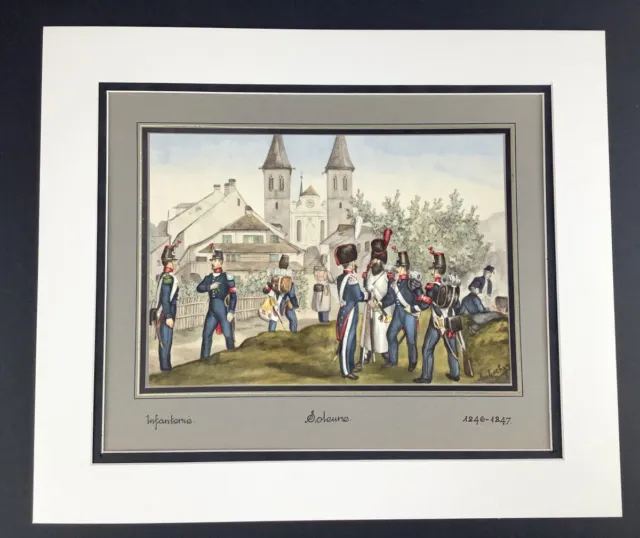 Antique Military Print Swiss Army Infantry Soldiers Solothurn Canton Guards 1846