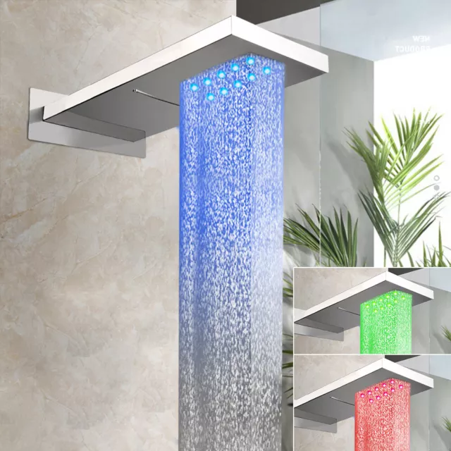 22" LED Rainfall/Waterfall Shower Head Chrome Rectangular Mixer Wall Mounted Tap