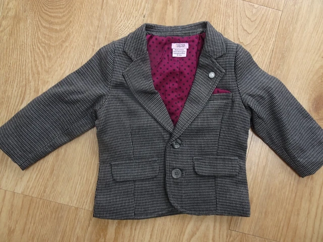 Giacca blazer MAMAS & PAPAS ragazzi grigio nero a scacchi ETÀ 9 - 12 MESI eccellente