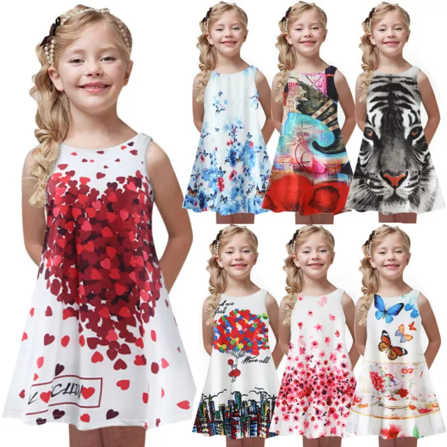 Toddler Girls Summer Princess Dress Kids Baby Printing Party Sleeveless Dresses