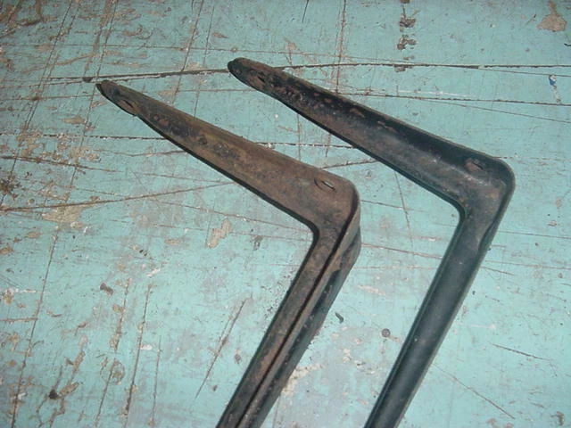 VINTAGE SHELF BRACKETS 6 x 8 LOT OF 2 CHIPPY BLACK PAINT STAMPED STEEL 3