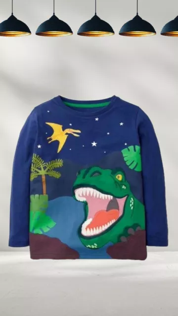 Ex Mini Boden Boy's Adventure Applique T-shirt in Blue T-Rex Dino (A BitDefect)