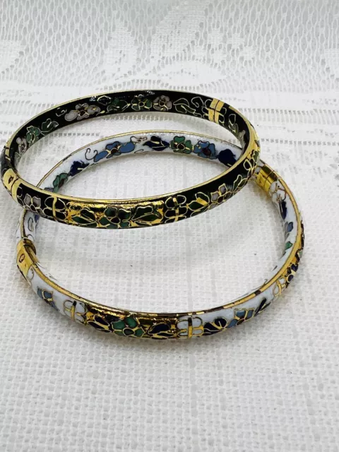 Vintage Cloisonne Floral Enamel Hinged Bangle Bracelet Pair Gold Tone Multicolor