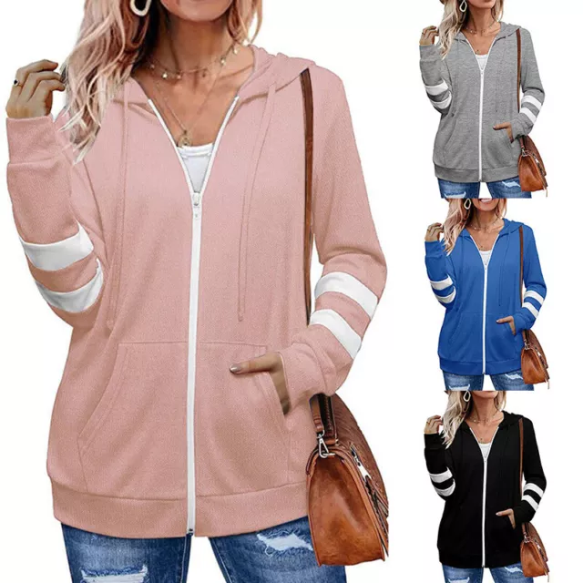 Womens Plain Zip Up Hoodies Sweatshirt Ladies Jumper Jacket Plus Size Hoody Tops