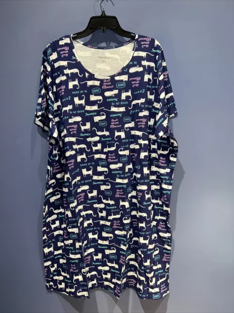 1X 2X Nightgown Dreams & Co Plus Navy “Don't Stress Meowt” Cat Night Shirt NWT